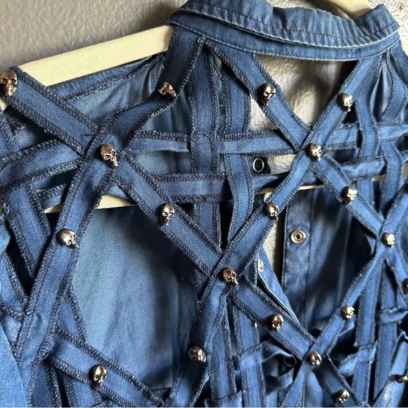 Blue denim LF cross back skull button down long sleeve shirt CARMAR - Picture 3 of 4